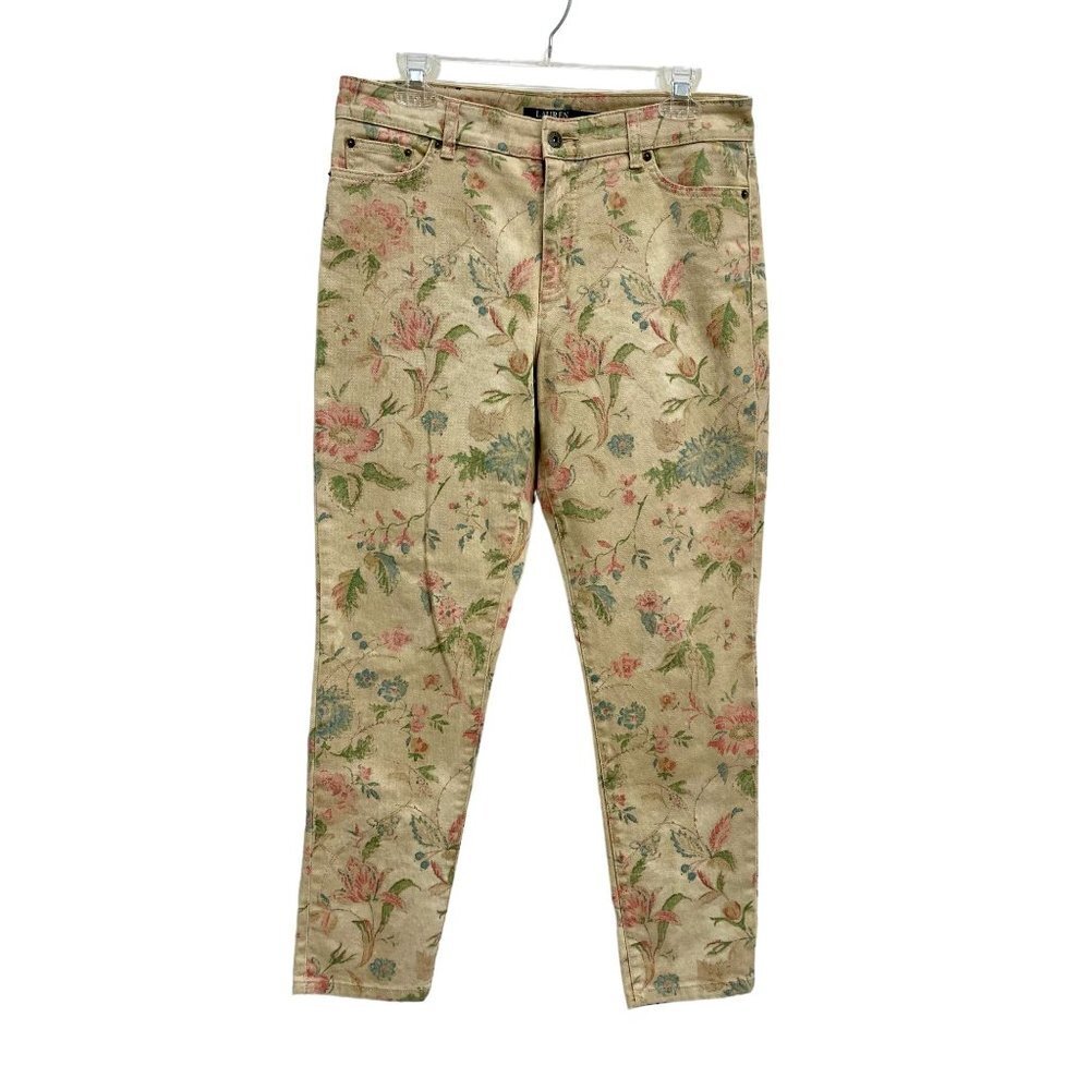 Ralph Lauren Women Floral Beige Pants Premier Skinny Ankle 5 Pockets Size 8 - Picture 2 of 14